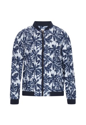 Marineblaues Bomberjackett mit Reißverschluss und einem weißen Hintergrund, der ein Palmenmuster aufweist. Rippstrickbündchen und -saum, glattes gewebtes Material.