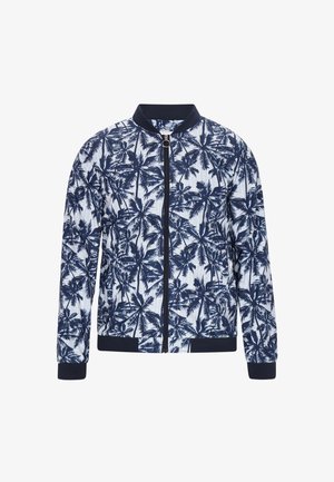 Marineblaues Bomberjackett mit Reißverschluss und einem weißen Hintergrund, der ein Palmenmuster aufweist. Rippstrickbündchen und -saum, glattes gewebtes Material.