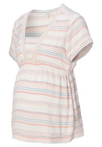 Top per gravidanza in tessuto leggero con righe rosa, blu e bianche. Presenta un profondo scollo a V, maniche corte e arricciature in vita.