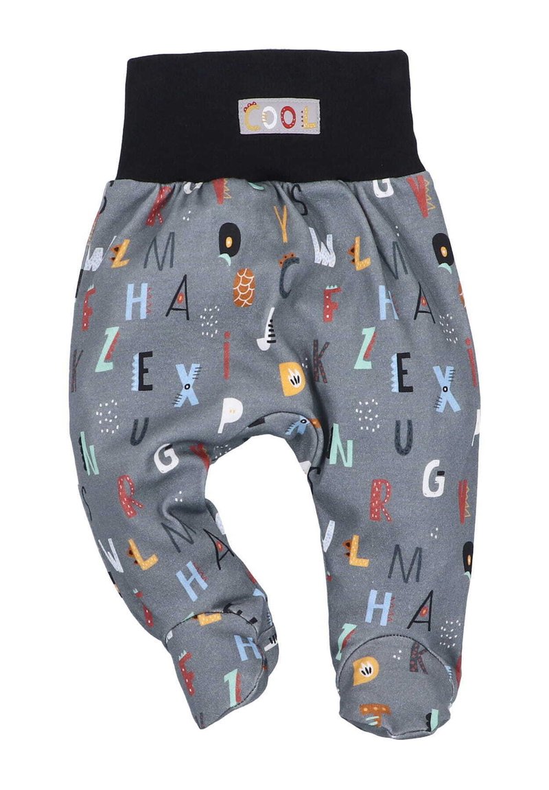 Grijze kinderbroek met een elastische zwarte tailleband, versierd met een kleurrijk alfabetpatroon en speelse ontwerpen zoals vissen en ogen.