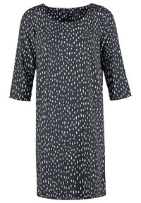 T-shirt noir à manches trois quarts, avec un motif de pois blancs dispersés. Tissu doux avec une coupe décontractée et un col rond.