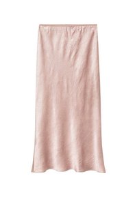 Jupe midi en satin rose clair avec un léger éclat et un motif texturé subtil, coupe droite avec une petite fente sur le côté.