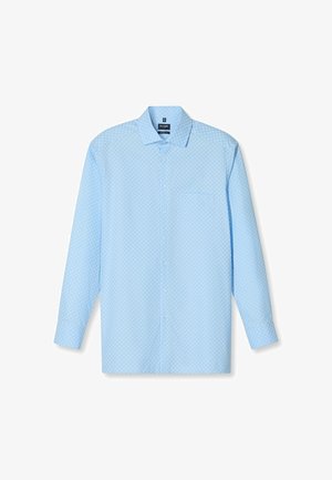 Himmelblaues Langarmhemd mit Knopfleiste und kleinem weißen Kreis-Muster sowie einer Brusttasche, flach auf einem weißen Hintergrund ausgelegt.