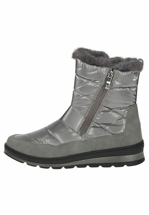 Grå ankelstøvle med en quilted, glansfuld overdel, faux fur krave, sidelukning med lynlås og en kraftig gummisål for godt greb.