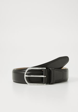 Black leather belt with a silver metal buckle. The design features smooth texture, contrasting tan leather on the inner side, and branding detail.