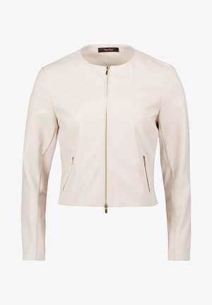 Veste pour femme couleur crème, manches longues, fermeture éclair frontale et deux poches latérales zippées.