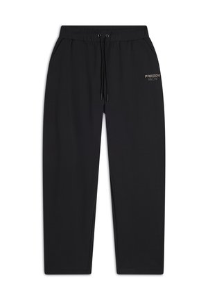 Un pantalon de jogging noir en tissu doux, doté d'une taille élastique avec un cordon de serrage, de poches latérales et d'un logo sur la cuisse gauche.