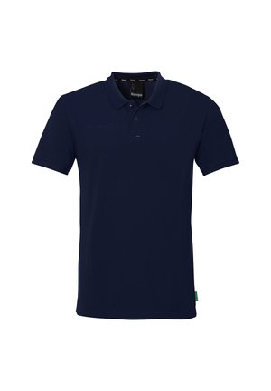 Navy blue polo shirt made of cotton. Features a classic collar, short sleeves, and subtle logo detail on the chest. Smooth texture.