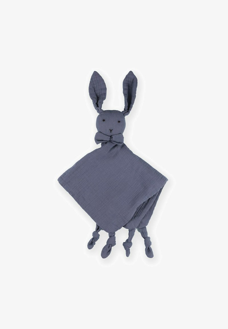 Sivi muslinski sigurnosni pokrivač u obliku zeca, s dugim ušima, čvorastim ustima i čvorastim kutovima. Mekana tekstura i jednostavne osobine lica.