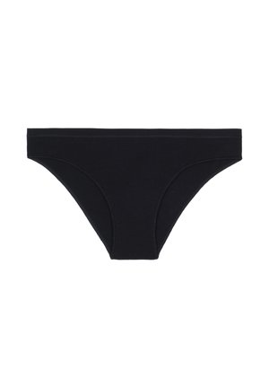 Schwarze Bikini-Unterwäsche für Frauen mit glattem Bund und einfach genähten Nähten vor weißem Hintergrund.