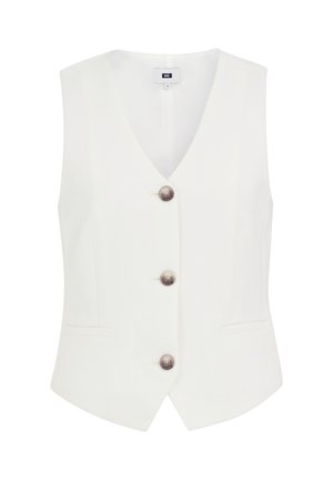 Veste blanche sur mesure avec col en V, trois boutons bruns, et deux poches passepoilées à l'avant, taille 36, sans manches.