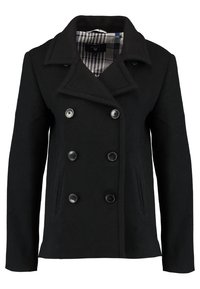 Černý dámský dvouřadý kabát s šesti knoflíky, širokým klopovým límcem a kostkovanou podšívkou.