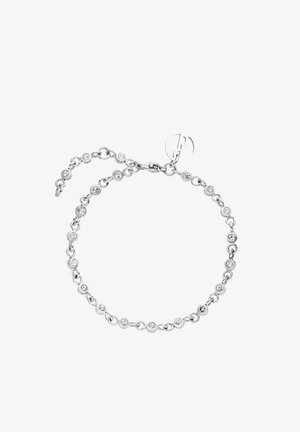 Silver chain bracelet featuring circular links, embedded with small, clear gemstones. Includes a logo charm and an adjustable clasp.