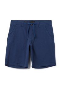 Pantalones cortos de color azul marino con textura acanalada, cinturilla con cordón, dos bolsillos frontales y un ajuste relajado. Etiqueta de marca visible en la cintura.