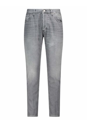 Jean slim gris pour homme en denim avec fermeture devant par bouton et zip, design cinq poches et légère décoloration au niveau des cuisses.