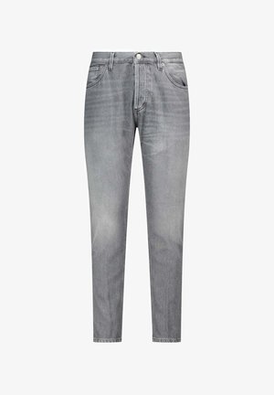 Jean slim gris pour homme en denim avec fermeture devant par bouton et zip, design cinq poches et légère décoloration au niveau des cuisses.