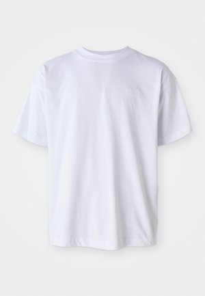 White cotton t-shirt with a crew neck and short sleeves. Features a subtle logo embroidered in matching color on the left chest.