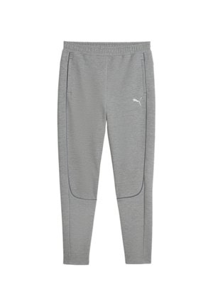 Pantaloni sportivi grigi con cintura elastica, due tasche laterali e taglio slim. Presentano una lieve texture e un logo bianco sulla coscia sinistra.