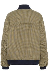 Geacă bomber în carouri în tonuri de galben și albastru, cu guler cu nervuri bleumarin și manșete elastice, confecționată dintr-un material moale și texturat.