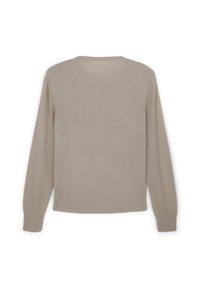 Maglione beige lavorato a maglia con maniche lunghe, scollo rotondo e polsini e orlo a costine. Texture morbida con una finitura liscia.