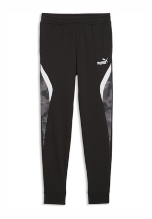 Schwarze Puma-Trainingshose mit weißen geschwungenen Seitenpaneelen und grauen Camouflage-Akzenten, elastischem Bund und Puma-Logo am oberen Oberschenkel.