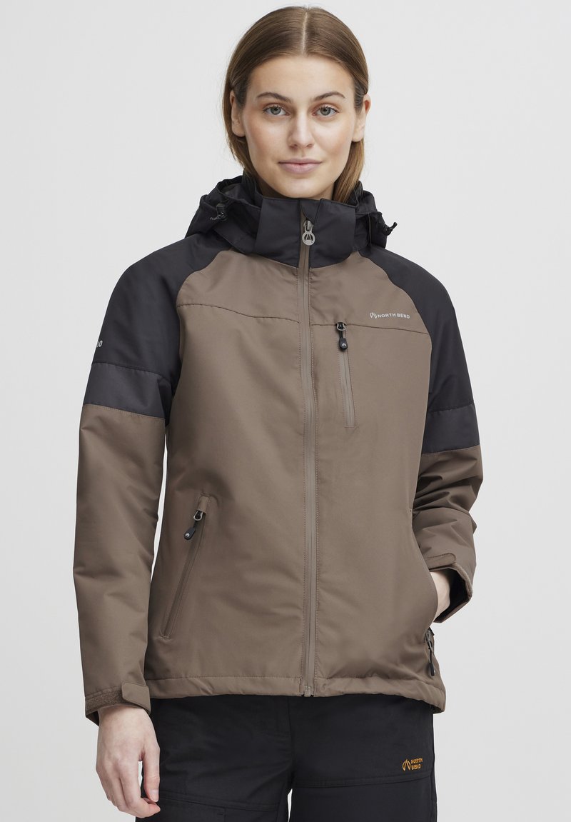 Braune und schwarze Jacke mit Kapuze, Reißverschluss und Seitentaschen. Hat ein schlankes Design und kontrastierende Farbblöcke. Wasserdichtes Material.