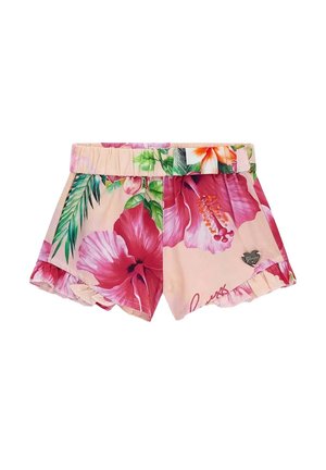 Shorts da ragazza rosa con vita elastica, grandi fiori di ibisco rossi e rosa e stampa di foglie verdi, orli delle gambe arricciati e logo metallico a forma di cuore.