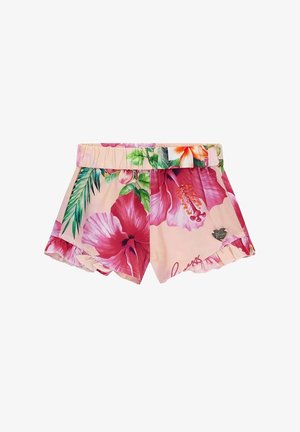 Shorts da ragazza rosa con vita elastica, grandi fiori di ibisco rossi e rosa e stampa di foglie verdi, orli delle gambe arricciati e logo metallico a forma di cuore.