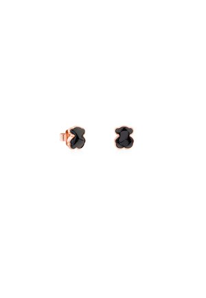 Orecchini a perno a forma di orso in smalto nero con placcatura in oro rosa, caratterizzati da una superficie liscia e bordi arrotondati, di dimensioni approssimative di 1 cm.