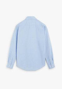 Lichtblauwe overhemd met lange mouwen, zachte textuur, knoopmanchetten en een klassieke kraag; gladde stof zonder patroon. Achteraanzicht.