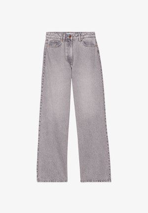 Grijze denim wijde pijpen jeans met een hoge taille, voorzien van een knoopsluiting, riemlussen en een vijf-pocket ontwerp, met een zachte textuur.