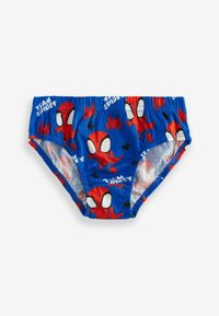 Caleçons de bain bleus pour enfants avec un design Spiderman, des accents rouges, des illustrations de Spiderman et le texte "ÉQUIPE SPIDEY."