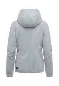 Lichtgrijze capuchonjas met lange mouwen, elastische manchetten en een licht getailleerde silhouet, van achteren gezien.