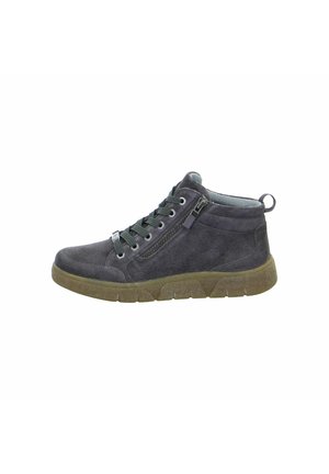 Grey suede ankle boots featuring laces, a side zipper, and a textured rubber sole with a distinctive tread pattern.