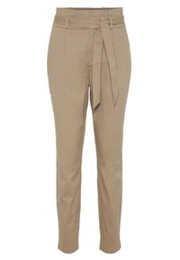 Beige cropped pants with a high waist, belt loops, and a removable fabric belt. Made from smooth, lightweight material.