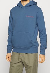 Felpa blu con tasca a canguro frontale, caratterizzata da un piccolo logo rosso "HILFIGER" sul petto. Tessuto in cotone misto con una consistenza morbida.