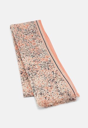 Hellrosa Schal mit kleinem Blumenmuster, gestreiftem Rand und Fransen an den Enden, auf weißem Hintergrund gefaltet.