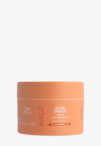 Orange rund behållare märkt "Wella Invigo Nutri Enrich Mask," 150 mL, för torrt eller stressat hår. Har en slät matt yta.