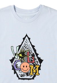 Hellblaues Baumwoll-T-Shirt mit einem grafischen Design, das eine Diamantenform, eine Sonne, ein lächelndes Gesicht und den bunten Text "VOLCOM" in verschiedenen Schriftarten zeigt.