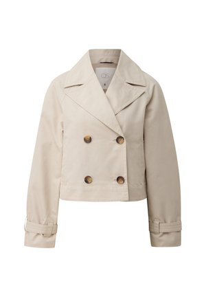 Beige cropped dubbele rij jasje met brede revers, vier knopen van schildpaddenmotief, lange mouwen en verstelbare riemmanchetten.