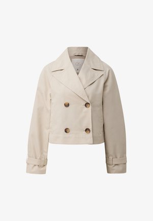 Beige, gekürzte, zweireihige Jacke mit breiten Revers, vier Schildpattknöpfen, langen Ärmeln und verstellbaren Riegelmanschetten.