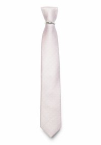 Helle rosa Krawatte mit strukturiertem Muster und kleinen weißen Punkten. Hergestellt aus glattem Stoff, mit klassischer, zulaufender Form und silbernen Beschlägen.