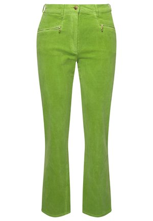 Grüne Cordhosen mit taillierter Passform, ausgestattet mit zwei mit Reißverschluss versehenen Fronttaschen und einer Knopfverschluss vorne. Glatte Textur und ausgestellter Saum.