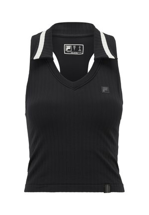 Zwarte mouwloze top met ribbelstructuur, V-hals, contrasterende witte strepen op de kraag en een klein logo op de voorkant.
