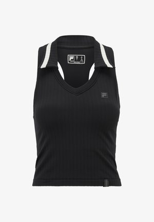 Zwarte mouwloze top met ribbelstructuur, V-hals, contrasterende witte strepen op de kraag en een klein logo op de voorkant.