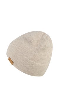 Taupe beanie hat made of ribbed knit fabric, with a slouchy design and a small leather label on one side. Smooth texture.