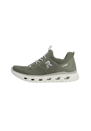 Lightweight green athletic shoe with white laces, mesh upper, cushioned sole with air vents, and pull tabs on tongue and heel.