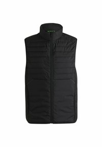 Schwarze Steppweste mit hohem Kragen, Vorderreißverschluss und zwei Seitentaschen. Bietet gesteppte Polsterung für Wärme und eine glatte Oberfläche.