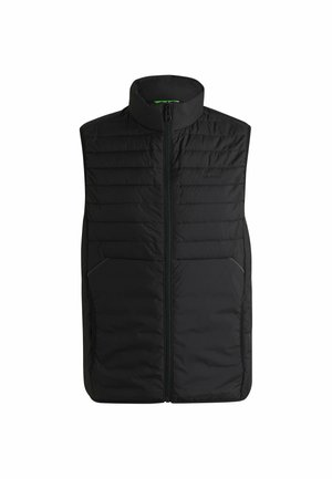 Doudoune noire sans manches avec un col haut, fermeture éclair à l'avant et deux poches latérales. Dotée d'un rembourrage matelassé pour la chaleur et d'une finition lisse.