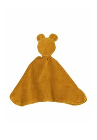 Pătură moale de culoarea muștarului, cu cap și urechi rotunjite de ursuleț, realizată din material plușat, având o formă triunghiulară și o textură netedă.